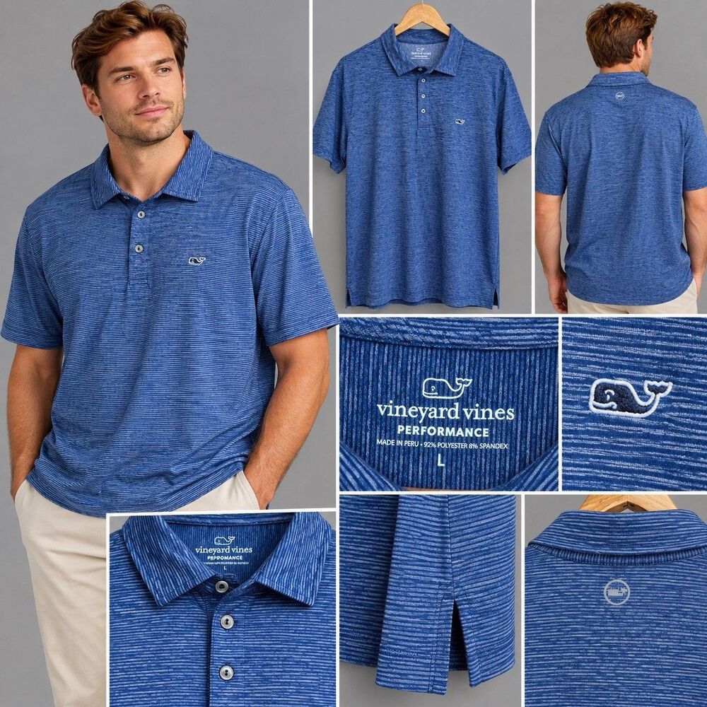 Vineyard Vines Performance Men's Size L Blue Sankaty Striped Polo Shirt Golf